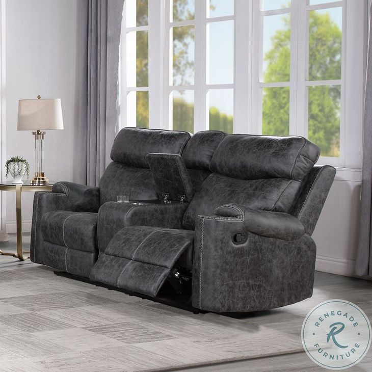 Hirah Dark Gray Polish Microfiber 75" Reclining Loveseat with Console and USB Charging