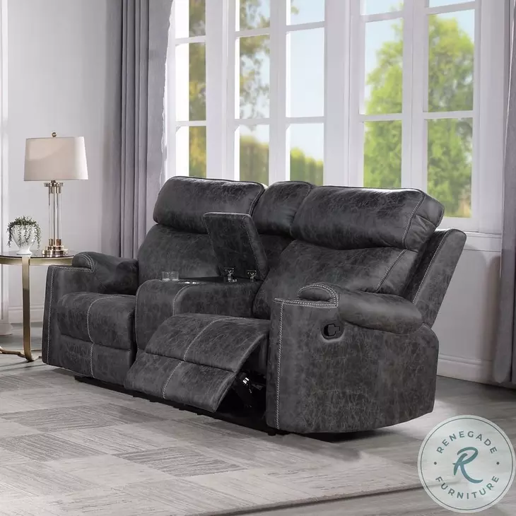 Hirah Dark Gray Polish Microfiber Reclining 75" Loveseat with Console and USB Charging
