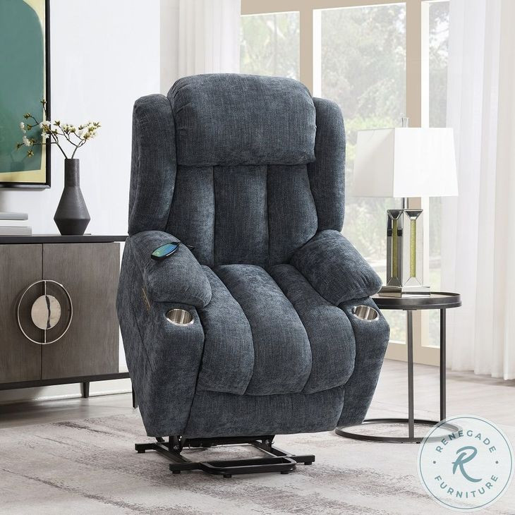 Omarion Blue Chenille Power Recliner with Lift, Heating and Massage
