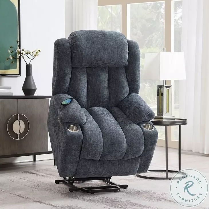 Omarion Blue Chenille Power Recliner with Lift, Heating and Massage