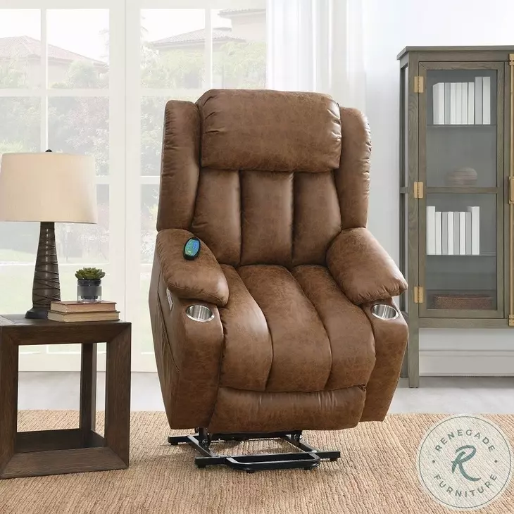 Omarion Brown Polished Microfiber Power Recliner with Lift, Heating and Massage