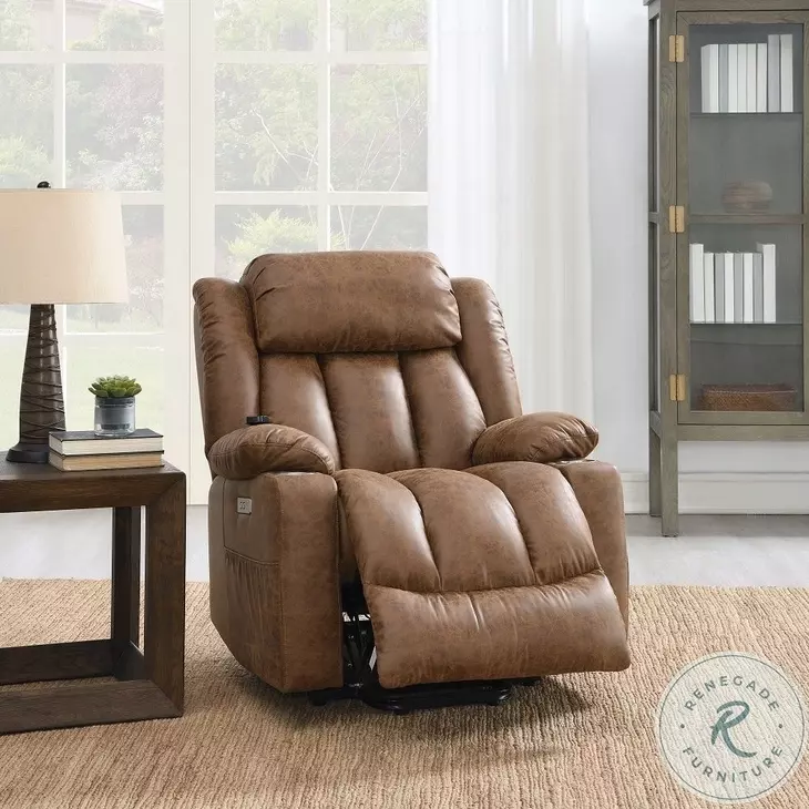 Omarion Brown Polished Microfiber Power Recliner with Lift, Heating and Massage