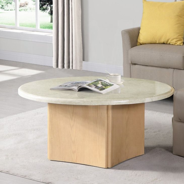 Qwin White and Oak Marble Top Occassional Table Set