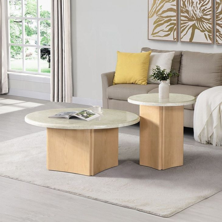 Qwin White and Oak Marble Top Occassional Table Set