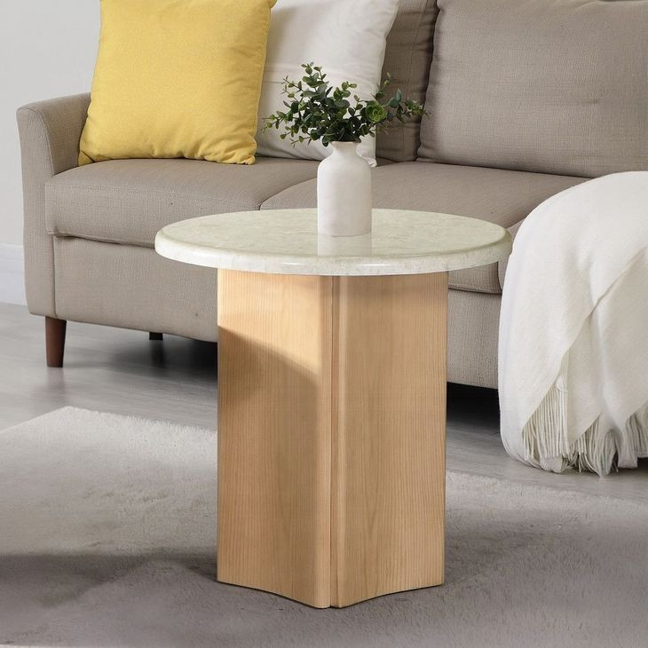 Qwin White and Oak Round Marble Top End Table