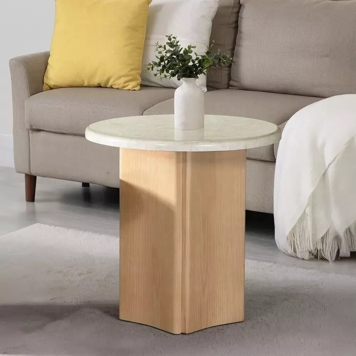 Qwin White and Oak Round Marble Top End Table