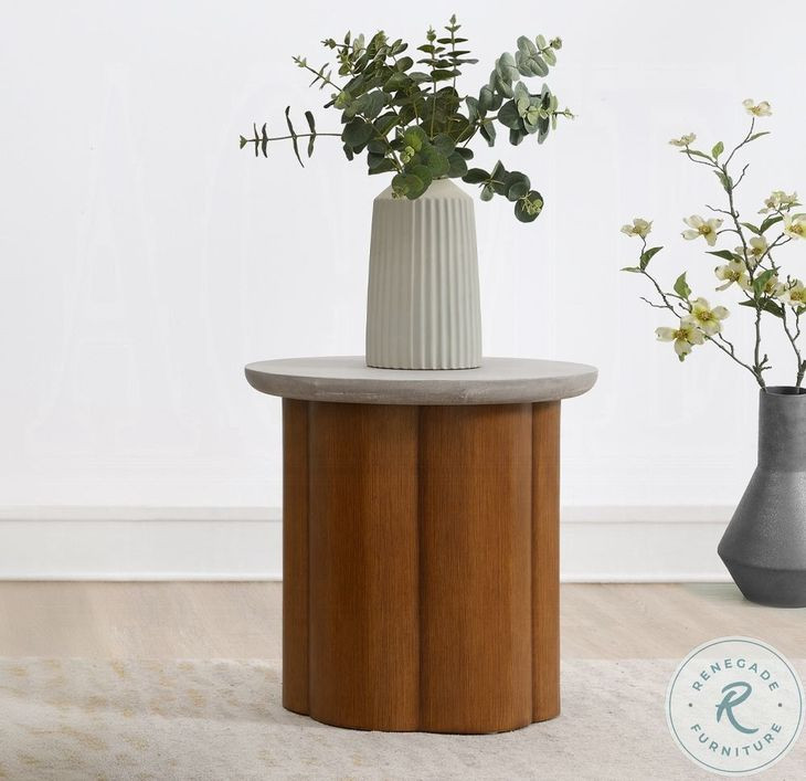 Evelyn Faux Concrete Top and Walnut Round End Table