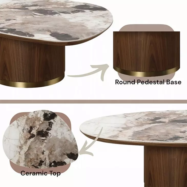 Willene Beige and Dark Oak Free Form Ceramic Top Cocktail Table