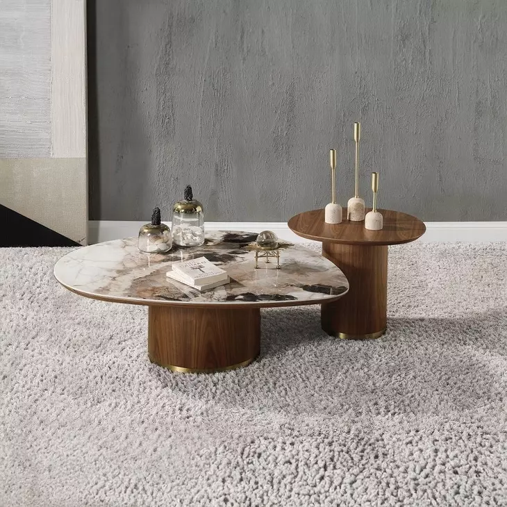 Willene Beige and Dark Oak Free Form Ceramic Top Occassional Table Set