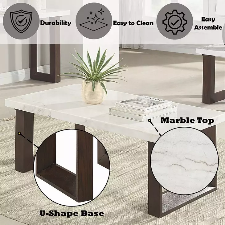 Edwyn White and Espresso Rectangular Marble Top Cocktail Table