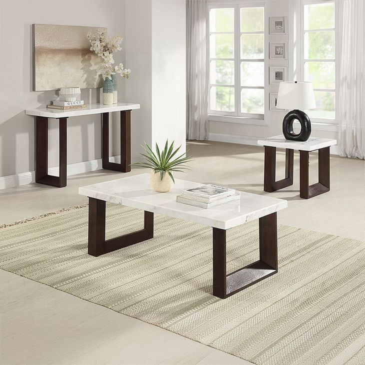 Edwyn White and Espresso Marble Top Occassional Table Set