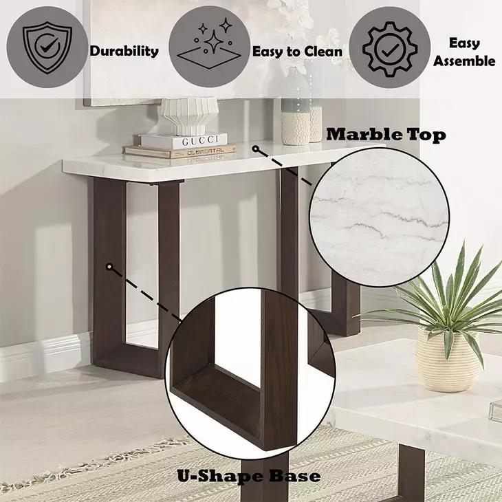 Edwyn White and Espresso Rectangular Marble Top Sofa Table