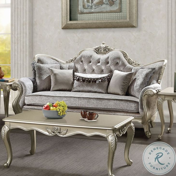 Libertee Beige Fabric and Champagne 85" Sofa with 5 Pillows