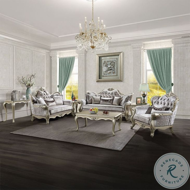 Libertee Beige Fabric and Champagne Living Room Set with 5 Pillows