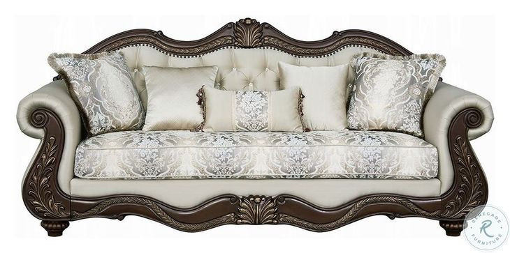 Pierce Beige Fabric and Cherry 93" Sofa with 5 Pillows