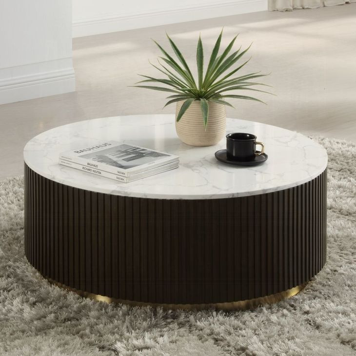 Clayten White and Espresso Round Marble Top Cocktail Table