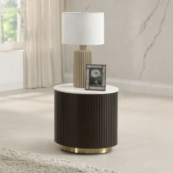 Clayten White and Espresso Round Marble Top End Table