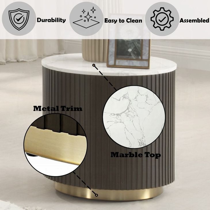 Clayten White and Espresso Round Marble Top End Table