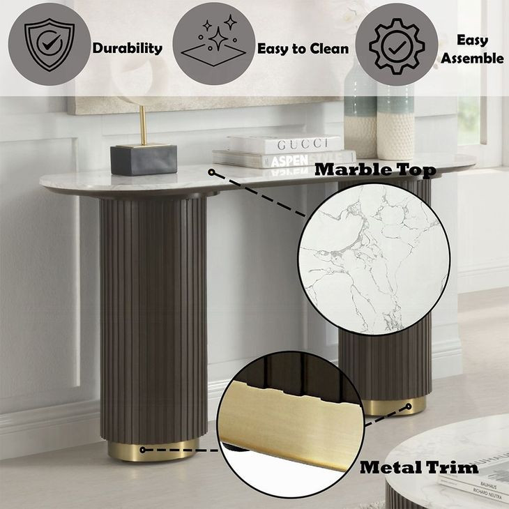 Clayten White and Espresso Oval Marble Top Sofa Table