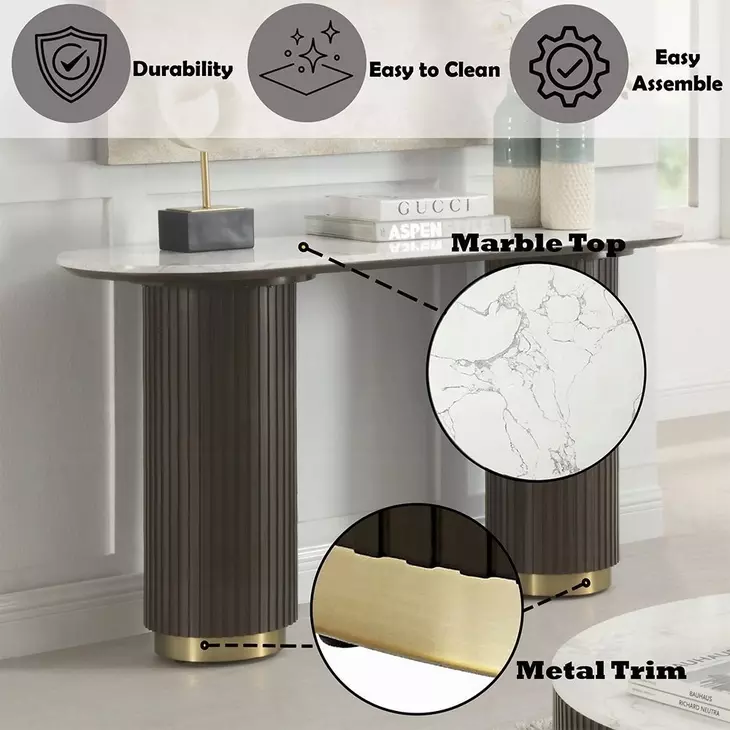 Clayten White and Espresso Oval Marble Top Sofa Table