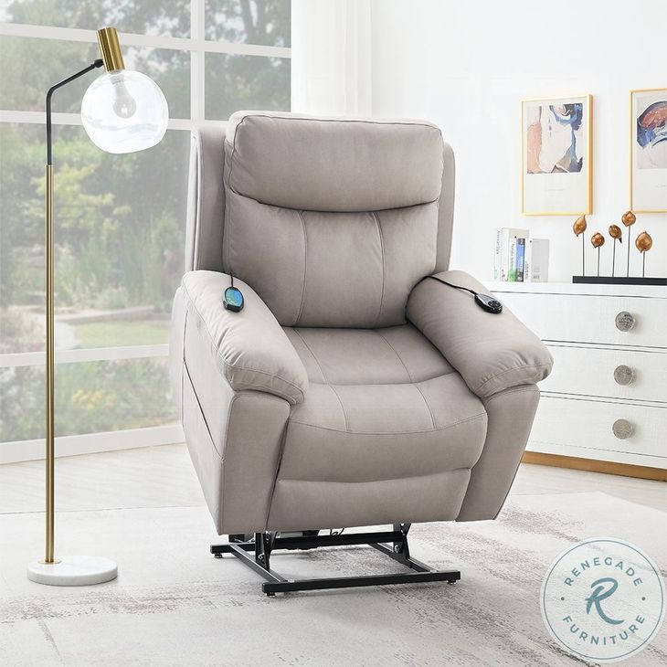 Chriki Light Gray Polished Microfiber Power Recliner with Lift, Heating and Massage