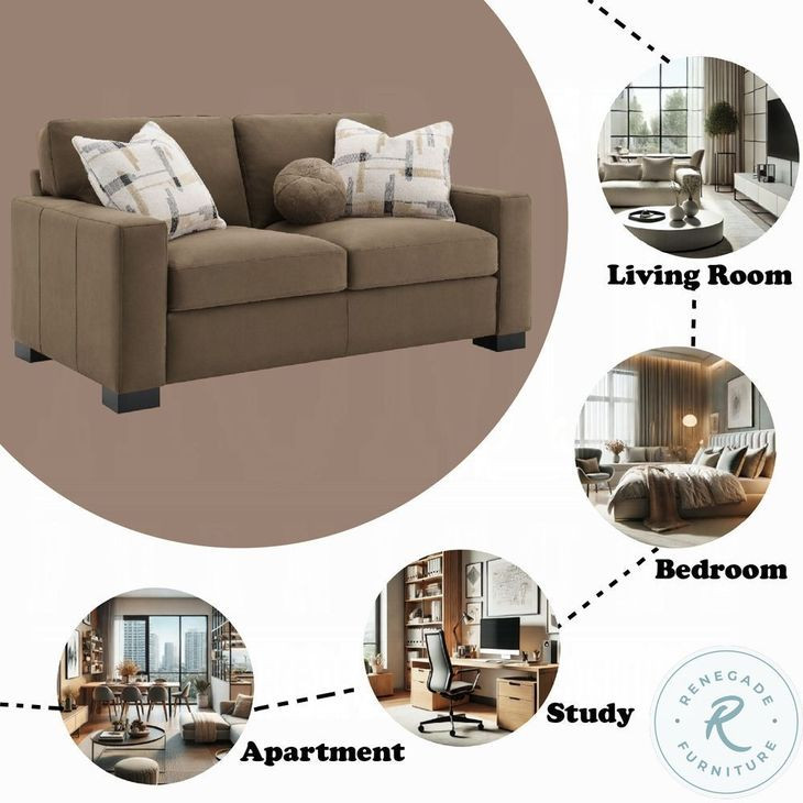 Darya Brown Suede Fabric 69" Loveseat with 3 Pillows