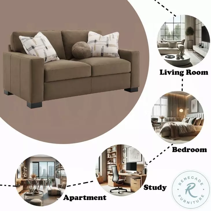 Darya Brown Suede Fabric 69" Loveseat with 3 Pillows