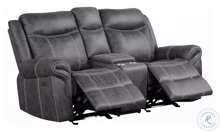Zubaida Dark Gray Polish Microfiber Power Reclining Living Room Set with Drop Down Table and USB Charging