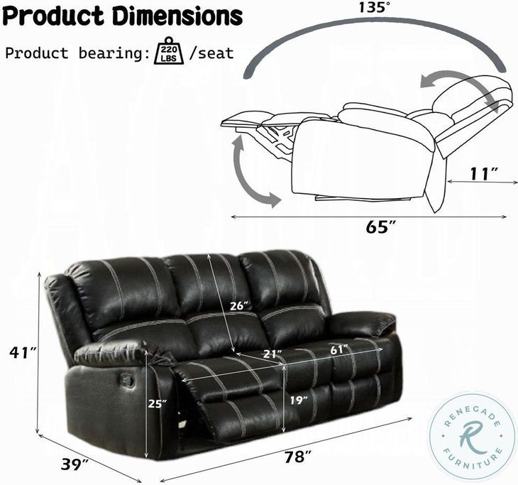 Zuriel Black Synthetic Leather 78" Reclining Sofa