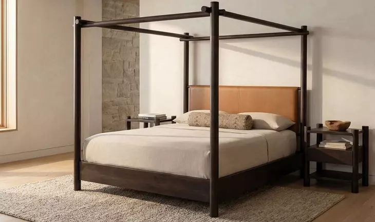 Devin Brown Leather Upholstered Canopy Bedroom Set