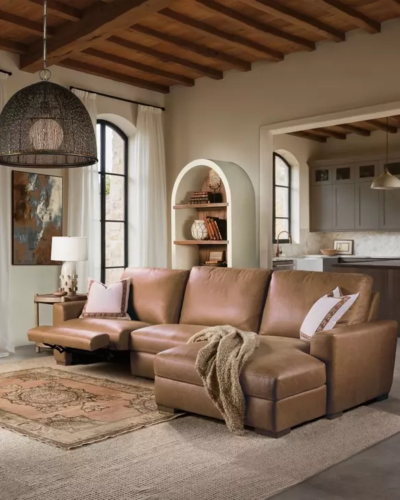 Live Beautifully Brown Leather 3 Piece Modular Power Reclining Optimus Sectional with Power Headrest