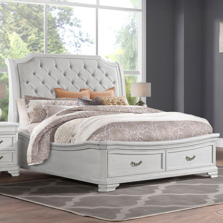 Lyndhurst Vintage White and Beige King Upholstered Storage Sleigh Bed ...