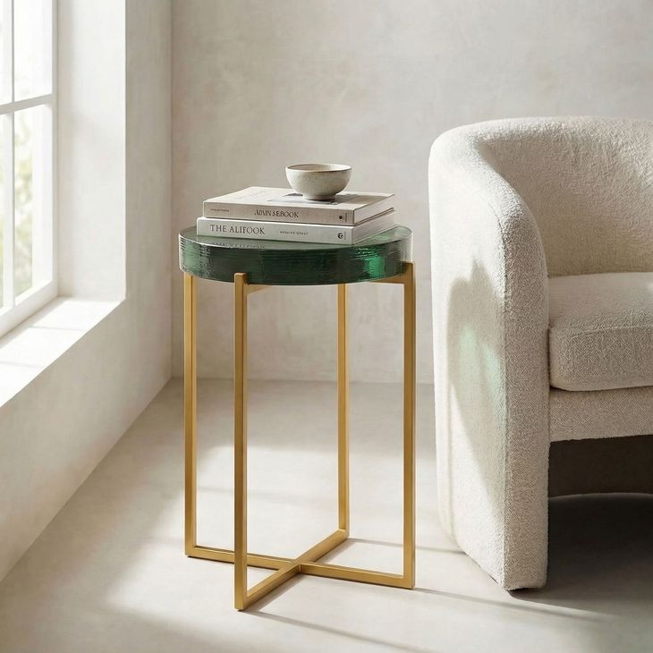 Marilee Rich Green and Sleek Brushed Gold Round Glass Top Accent Table