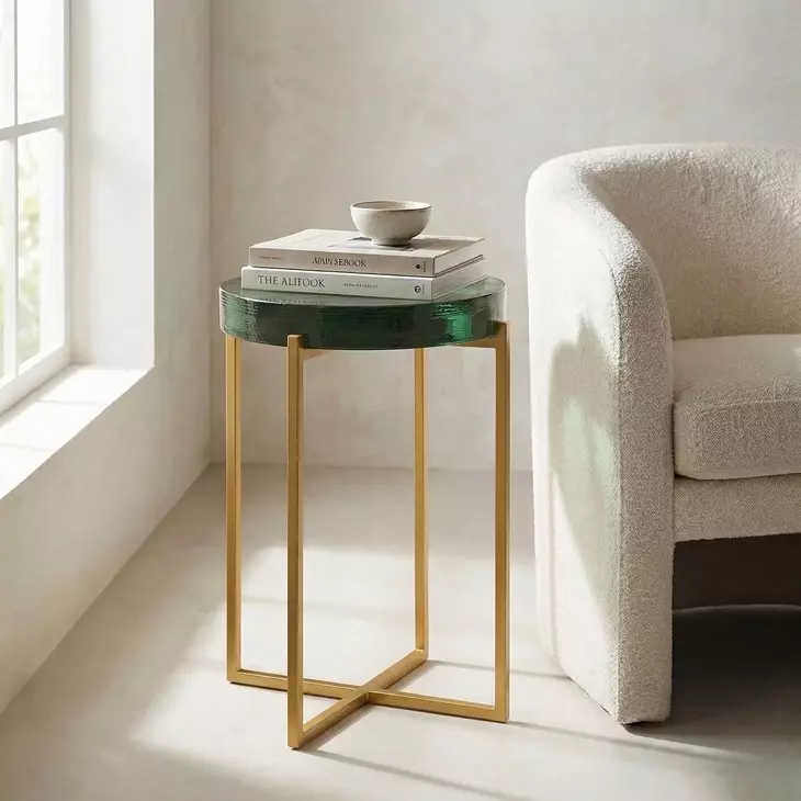 Marilee Rich Green and Sleek Brushed Gold Round Glass Top Accent Table