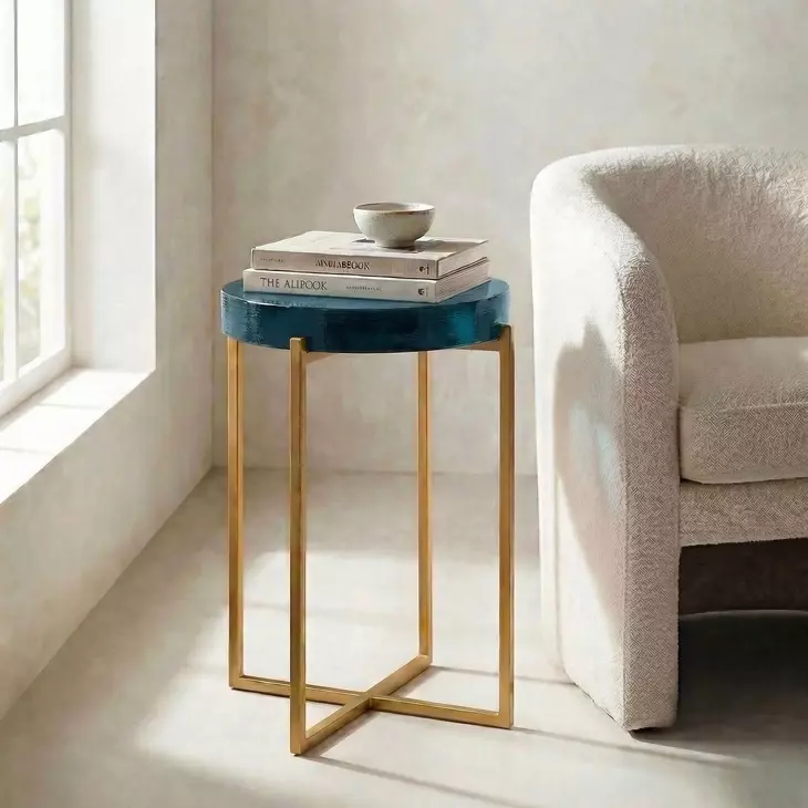 Marilee Deep Blue and Sleek Brushed Gold Round Glass Top Accent Table