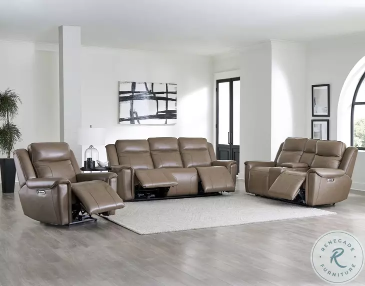 Caspian Smooth Latte Leather Zero Gravity Power Reclining Console Loveseat