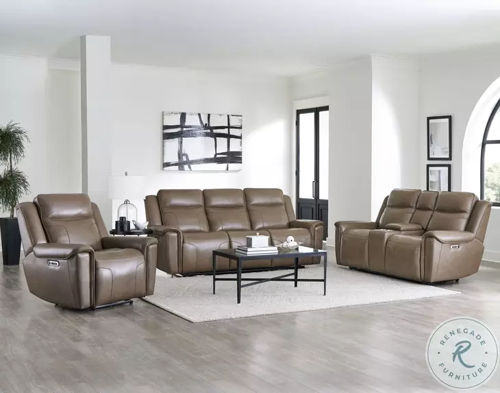 Caspian Smooth Latte Leather Zero Gravity Power Reclining Console Loveseat