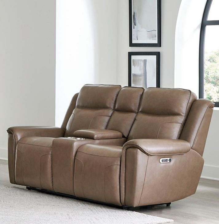 Atlantis Smooth Latte Leather Zero Gravity Power Reclining Console Loveseat