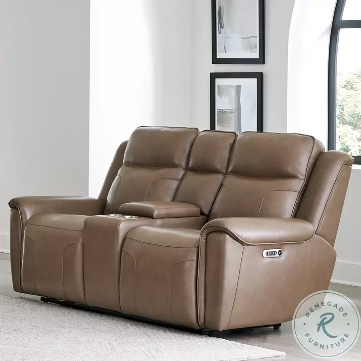 Caspian Smooth Latte Leather Zero Gravity Power Reclining Console Loveseat