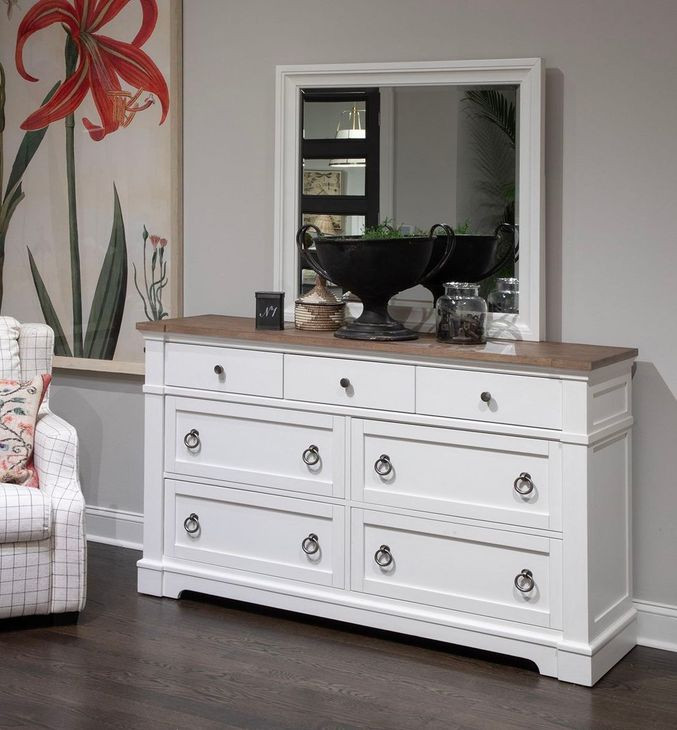 Crownfall Whisper White and Cerused Nutmeg 7 Drawer Dresser with Rectangular Mirror