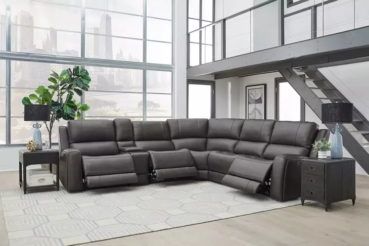 Belmont Autumn Fog Leather 6 Piece Zero Gravity Modular Power Reclining Sectional with USB Charging