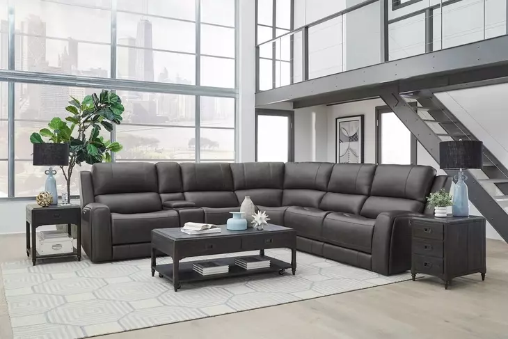 Belmont Autumn Fog Leather 6 Piece Zero Gravity Modular Power Reclining Sectional with USB Charging