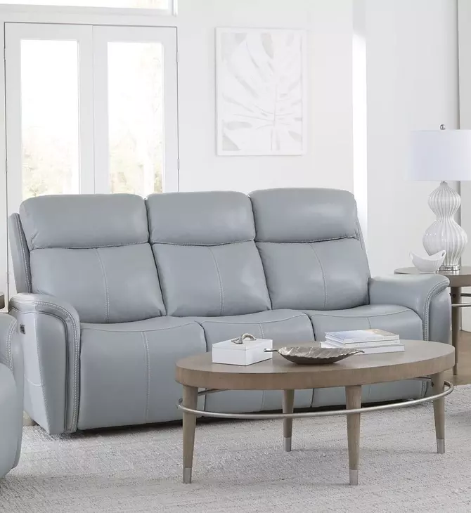 Cascade Seamist Grey 87" Power Reclining Sofa With Power Headrest