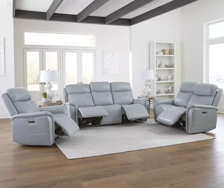 Cascade Seamist Grey 87" Power Reclining Sofa With Power Headrest