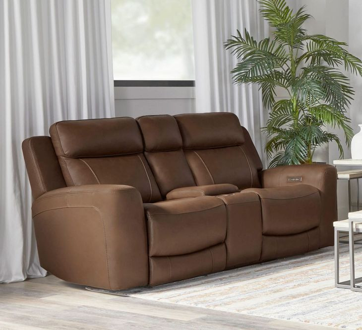 Calgary Autumn Umber Leather Power Reclining Console Loveseat