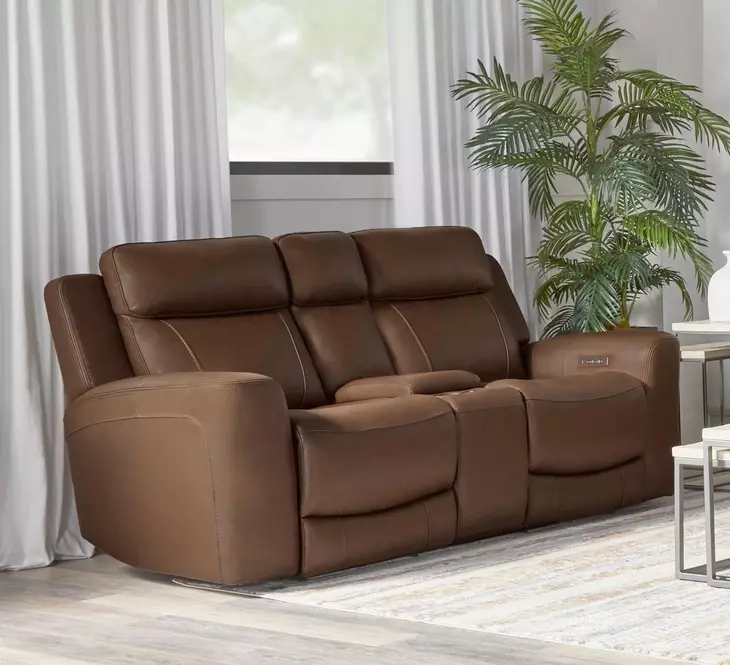 Calgary Autumn Umber Leather 81" Power Reclining Console Loveseat