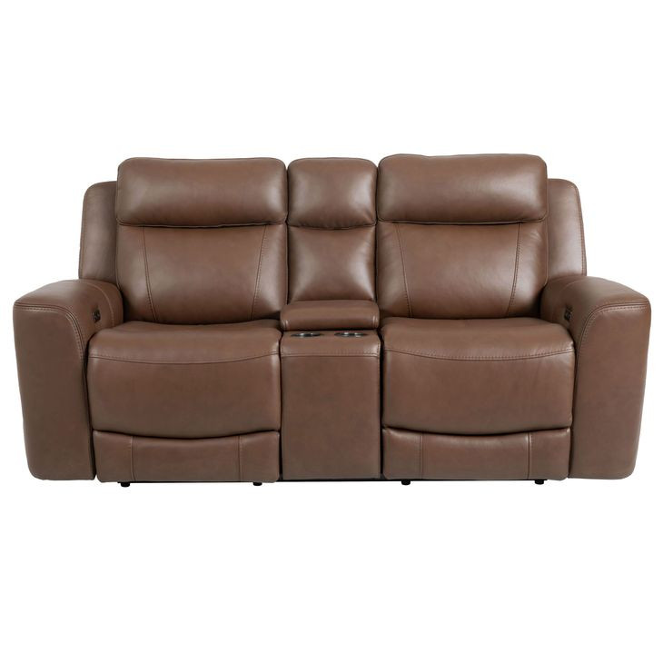 Calgary Autumn Umber Leather Power Reclining Console Loveseat