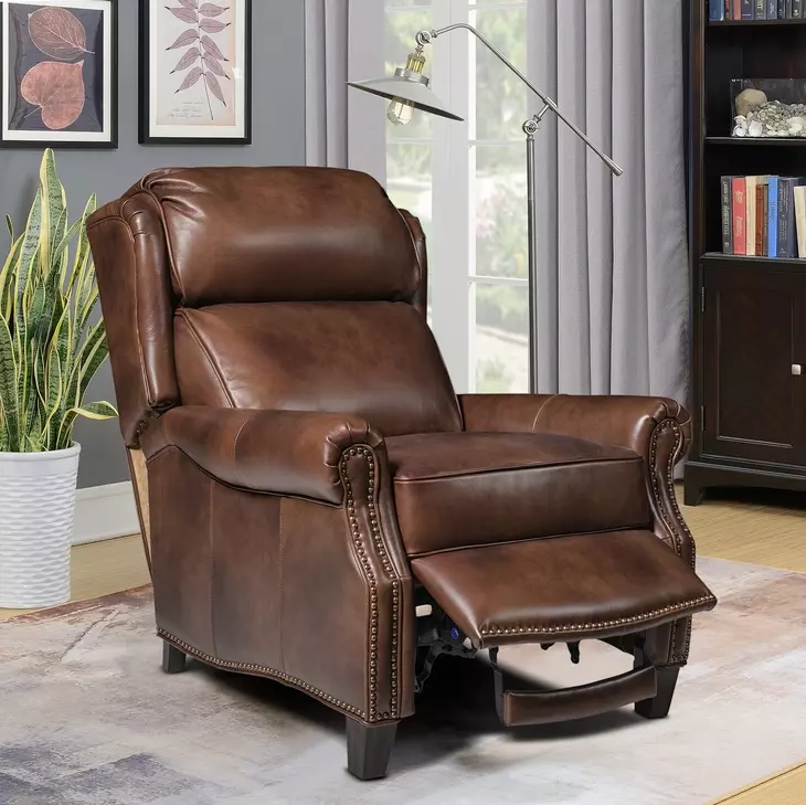 Meade Worthington Cognac Leather Push Thru The Arms Lounge Recliner with Nailhead Trim