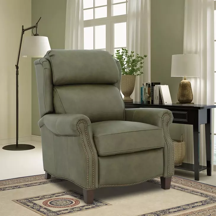 Meade Oasis Olive Leather Push Thru The Arms Lounge Recliner with Nailhead Trim