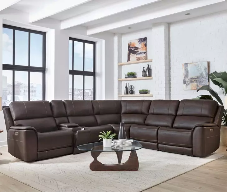Easton Steamboat Brown Leather 6 Piece Zero Gravity Power Reclining Sectional with USB Charging